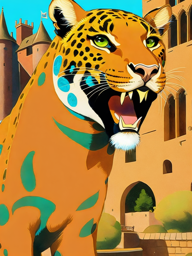 00798-3860853727-a painting of an orange and green leopard with its mouth open in front of a castle by Ralph Bakshi.png